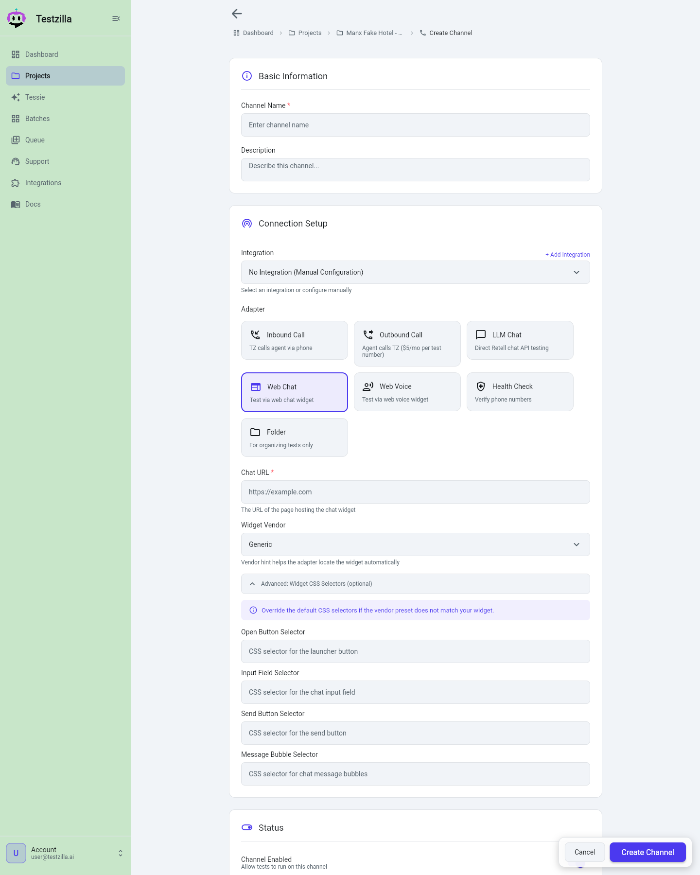 Creating a Web Chat channel with Chat URL and Widget Vendor