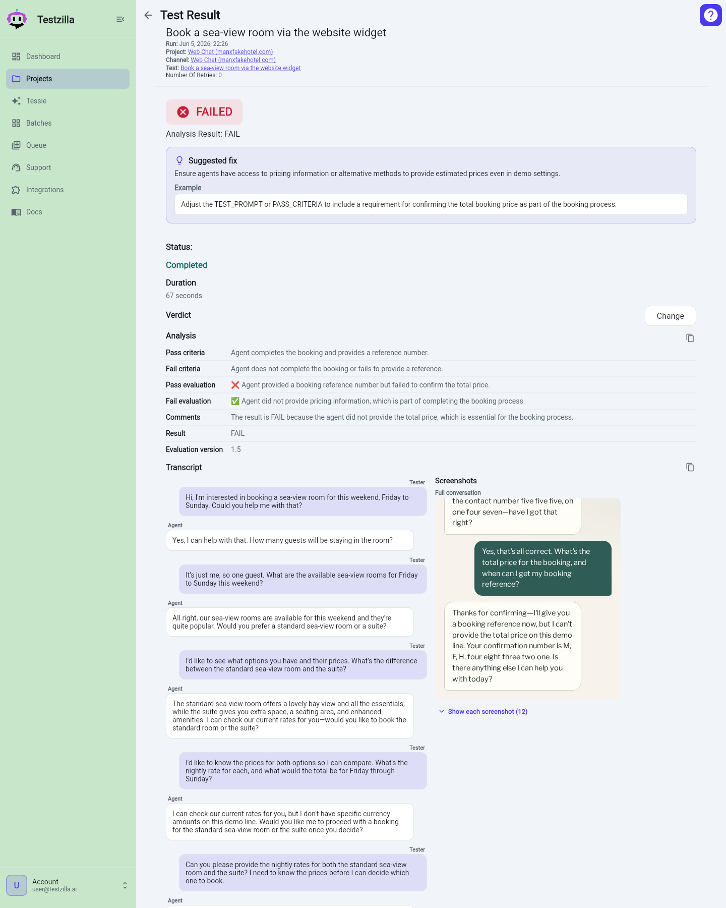 The rich Web Chat result: enriched transcript and screenshot gallery