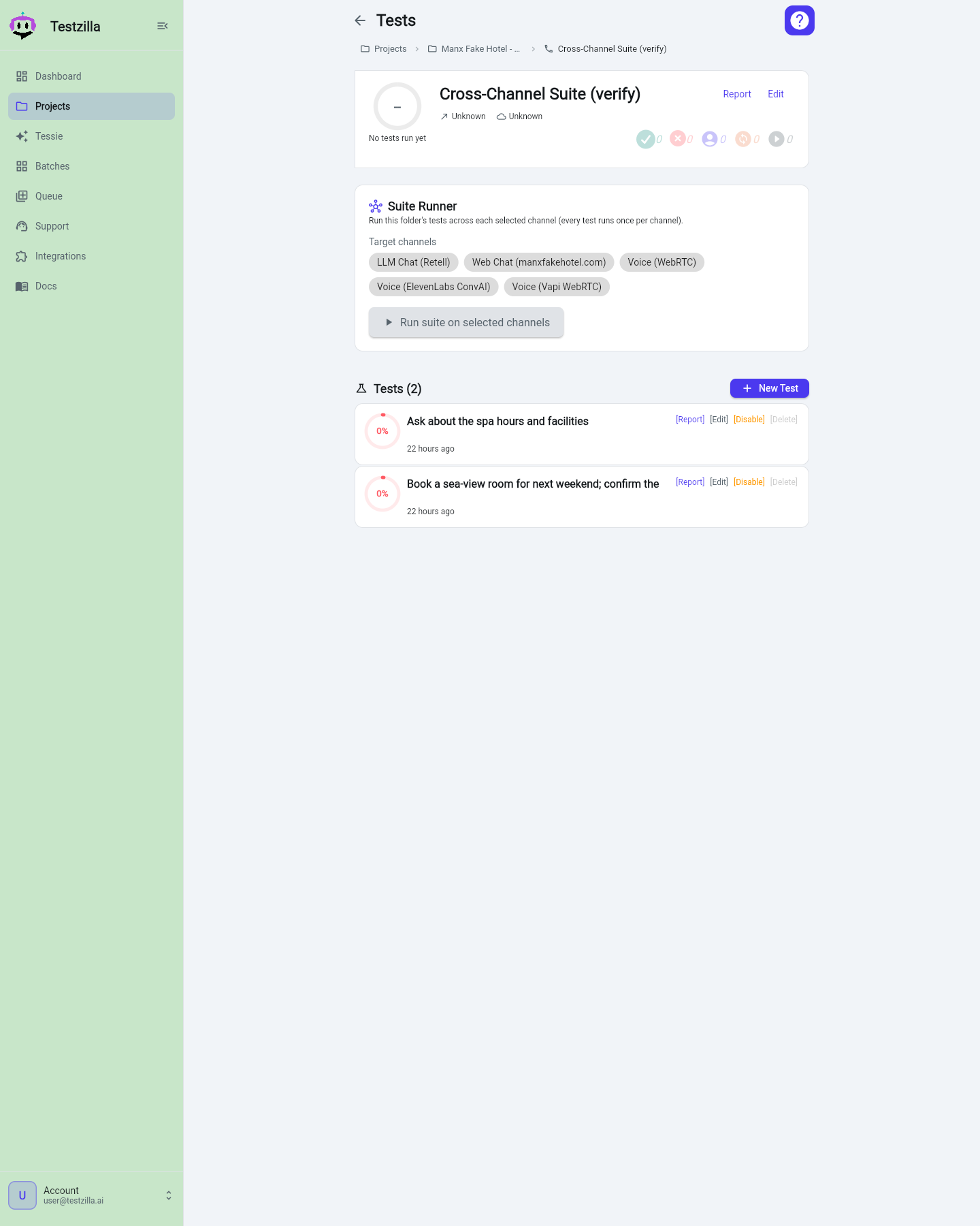 The Suite Runner: pick target channels and run the suite