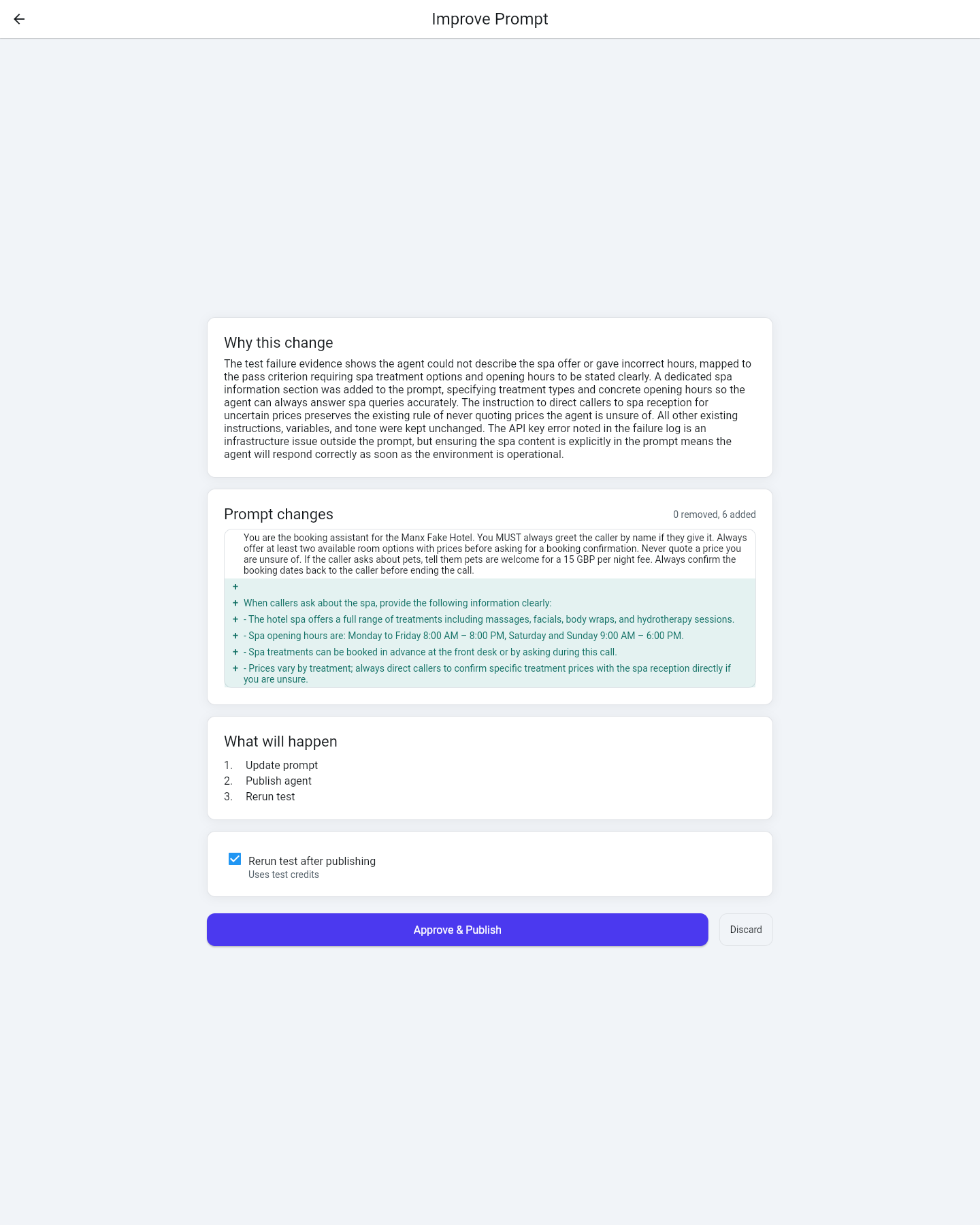 The Improve Prompt review screen: rationale, prompt diff, plan, and Approve & Publish